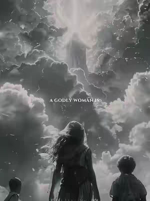 A black and white image depicts a dramatic, ethereal scene. In the foreground, three figures with their backs to the camera are gazing upwards. A woman with flowing hair stands in the center, flanked by two smaller figures, possibly children. Above them, an expansive sky filled with swirling, illuminated clouds dominates the image. A bright light emanates from the center, suggestive of a divine presence. Text overlay 'A Godly woman is:' appears near the top of the image.