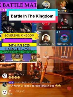 The cover image displays a layered composition. The top layer includes text in a white box with red and blue accents: "Battle In The Kingdom". Below this, a background showcases various framed images of people. Further down the image, a gold banner labeled "Sovereign Kingdom" and date information (24TH JAN 2025) is displayed alongside a target-25k and winner gets 3500 coins. The background showcases photos of people interacting in what appears to be a chat or video call interface, complete with user names and profile images. The bottom of the image shows reactions, chat and interface elements.