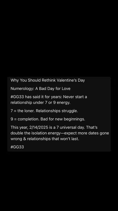 A dark background with a white text box containing text. The text is about Valentine's Day, numerology, and relationships. The top of the box has a title, and the bottom contains some hashtags.