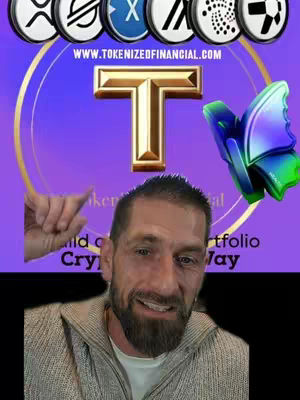 A man with a beard looks at the camera. The image has multiple layers with text and logos. In the background there is a golden 'T' shape and other logos of cryptocurrencies. The man has his pointer finger in the background.