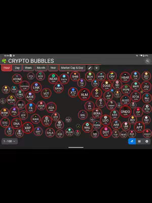 The cover image shows a mobile application displaying a real-time overview of various cryptocurrencies. It features a dark background filled with circular bubbles, each representing a different cryptocurrency. Within each bubble, the cryptocurrency's name, accompanied by a percentage change indication, is displayed using varying colors to highlight different market trends. The bubbles are organized across the screen in many rows and columns suggesting various cryptocurrencies with their real time price fluctuations.