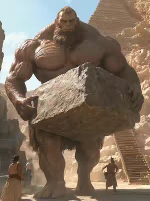 A large humanoid figure, seemingly a giant, is the central focus, holding a massive stone block. In the background are pyramids, and two smaller figures are walking. The overall composition suggests a narrative or historical context.