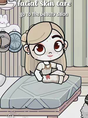 An illustrated image featuring an animated character in a beauty salon setting for skincare. A cartoon girl with light blonde hair, brown eyes, and rosy cheeks is the central figure. She sits on a gray salon bed, holding a towel, with various beauty products and decorative items in the background. The text overlay indicates a beauty routine.