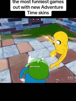 The cover image is a still from the game Fortnite, featuring an indoor map scene. It shows two cartoon characters inspired by the Adventure Time show. Jake, the yellow dog, in a dynamic pose with his arm outstretched. The other character, Finn, is viewed from the back, wearing his green backpack and blue outfit. The ground is tiled with brown and light blue squares and green vegetation lines the background, creating an environment for in-game action.