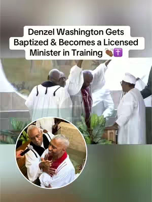 The image has a layered layout featuring Denzel Washington being baptized. The background shows a church setting with several people, one of whom is giving a blessing. In the bottom-left corner, a circular inset displays a close-up of Denzel Washington in a white robe, smiling and being embraced by another man. The top layer contains text in a white rectangular box against a blurred background that includes a hand with prayer emoji, and a purple cross.