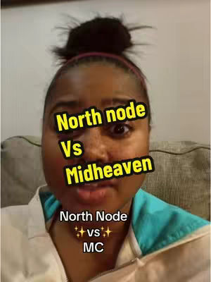 A selfie-style image of a person with dark hair pulled up in a bun, a pink headband, and teal and white clothing. Overlay text in a yellow box reads: 'North node vs Midheaven' , and 'North Node vs MC'.
