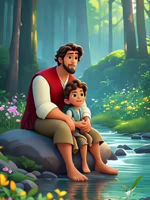 An animated illustration depicting a man and a young boy sitting on a large rock near a stream. The man, likely the father, has brown hair and a beard, wearing a red vest and white shirt. The boy, presumably his son, is nestled in the man’s lap, wearing a blue shirt and brown pants. They are positioned near a gently flowing stream, surrounded by a lush green forest with sunlight filtering through the trees, creating a serene and idyllic scene. The color palette is soft, with emphasis on greens and blues.