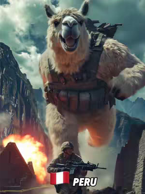 A surreal, action-packed digital artwork depicting a giant llama clad in military gear, towering over a soldier with a rifle. The llama is the central focus, with an open mouth and a determined expression. The soldier is kneeling, with the word 'PERU' and its flag in the foreground beside him. An explosion occurs in the background amidst a rugged landscape under a dramatic sky.