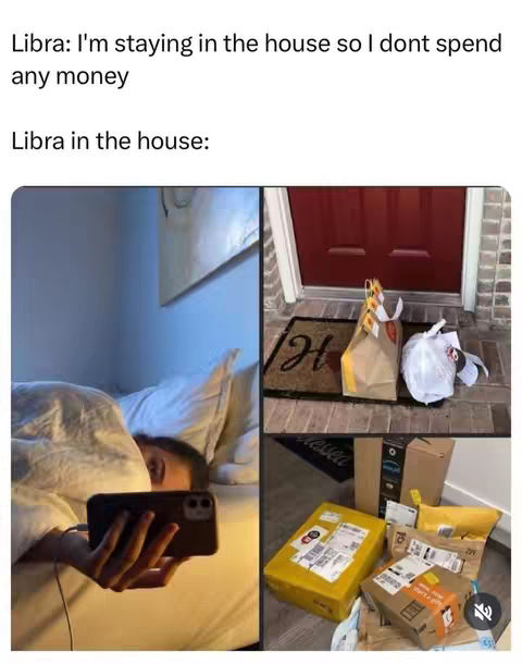 A meme depicting a Libra, with text overlay, in two scenarios: one in bed with a phone and the other with multiple packages at the doorstep.