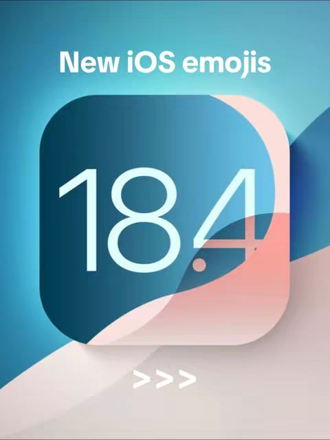 The cover image has a gradient background transitioning from blue to teal. Overlaid on this is a large, rounded square with a dark teal fill, slightly transparent, and white. Within this square, the number '184' is prominently displayed in large white font. Above the square, the text 'New iOS emojis' is written in white font. Below the number is a series of three right-pointing arrow symbols. The overall design is clean, modern, and focused on the central theme of new emojis.