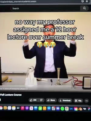 A screenshot from a laptop screen showing a man standing in front of a whiteboard, presumably in a classroom or lecture hall. The man is wearing a suit and is gesturing with his arms raised, giving an animated expression. Text overlayed on top says something about a 12-hour lecture over summer break.. The scene is framed within a video recording interface.
