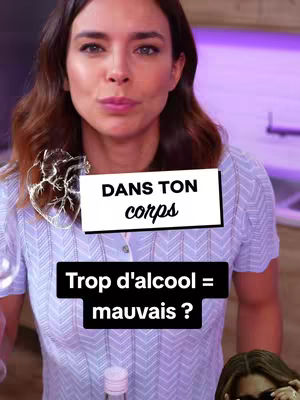 The image shows a woman in front of a blurry background. She is wearing a light blue shirt and is looking at the camera. Two text overlays are visible with the text "DANS TON corps" and "Trop d'alcool = mauvais ?" . Below the text, there's a heart shape, and behind the woman, the background is blurry, adding depth to the composition.