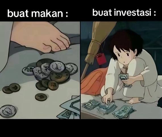A split image, with two scenes mirroring each other. The left side features a close-up of a leg, possibly on a bed, with a pile of coins scattered around. The right side shows a person, likely a child, from a Studio Ghibli-style animation counting large stacks of bills, with a broom and red basket in the background.