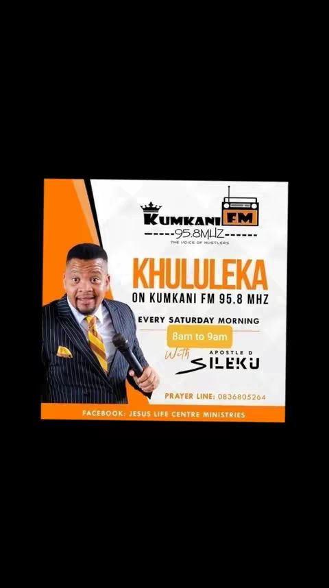 The cover image is an advertisement for a radio show. It features a man in a suit holding a microphone, set against a background of orange and white. The man has a warm, engaging expression. The text overlay includes the radio station's name and frequency, along with the show's title and time slot.