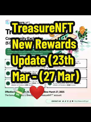 The cover image is an infographic-style graphic with a white background. It uses a black and yellow color scheme for text, and includes illustrations such as a stack of virtual coins in the top right corner, a green pixelated pickaxe, and a money bag with wings near the bottom. The central focus is on the words 'TreasureNFT,' 'New Rewards Update,' and the date range '23rd Mar - (27 Mar).'