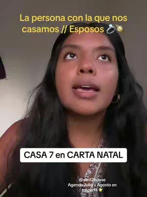 The cover image is a selfie-style shot of a woman with dark hair looking up and slightly to the left. Overlaid text in a yellow hue states, 'La persona con la que nos casamos // Esposos', with the words 'Esposos' in bold. Below this, a white bar with text features 'CASA 7 en CARTA NATAL'. At the bottom, smaller text identifies the creator's user.