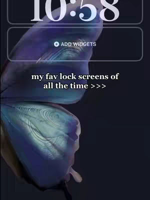 The image is a vertical shot featuring a stylized butterfly wing dominating the left side. A dark background provides contrast. Overlayed at the top is a display of the time \"10:58\". Below, the overlay text reads \"my fav lock screens of all the time >>>\". The overall aesthetic is minimalist yet appealing, utilizing subtle color gradients and a dark palette.