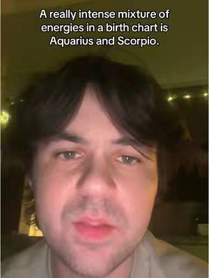 A man with dark hair, slightly out of focus, looks towards the camera. Overlayed text describes astrological concepts.