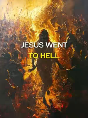 An artistic illustration depicting a scene of Jesus facing away from the viewer, amidst a fiery, chaotic environment. The figure of Jesus is centrally positioned, rendered in a detailed style with a soft, warm color palette, contrasting with the darker figures and ominous backdrop indicative of hell, where figures are reaching towards him. Bold, white text overlays the image, conveying the video's theme. The overall composition includes a mix of detailed and blurred figures to generate emotion, the vivid colors create a dramatic and intense effect.