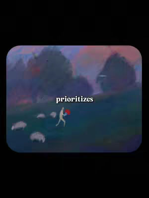 An artistic, illustrative image with a landscape of purplish, dark blue, and green hues. It portrays a stick figure, carrying a red object, running towards some sheep in a green field, with trees or hills in the background. A text overlay 'prioritizes' appears in white.
