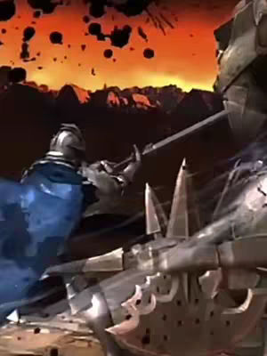 An action-packed scene from a dark fantasy game. Two armored figures are locked in combat, illuminated dramatically against a fiery, sunset-like sky. The overall composition emphasizes action and conflict.