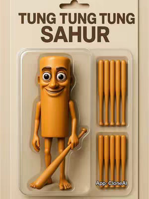 The cover image displays a cartoonish character in a blister pack, resembling a brown cylinder with a face, holding a baseball bat. To the right are multiple miniature bats, suggesting toys or collectibles, set against a light brown backdrop with the text 'TUNG TUNG TUNG SAHUR' at the top, hinting at a Ramadan theme and promoting an app, 'CloneAI'. The overall composition has a clean, commercial design.