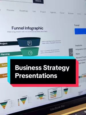 The cover image shows a laptop screen presenting a slideshow that uses funnel diagrams. In the foreground there is an overlay rectangle with the text 'Business Strategy Presentations.' The surrounding background includes a desk, monitor, and other office elements.