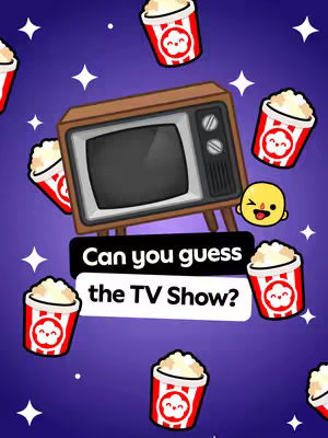 A purple background with white star shapes, with a vintage television set in the center displaying a blank screen.  Popcorn buckets in red and white surround the TV. Emoticons of a winking face and the text: Can you guess the TV Show?