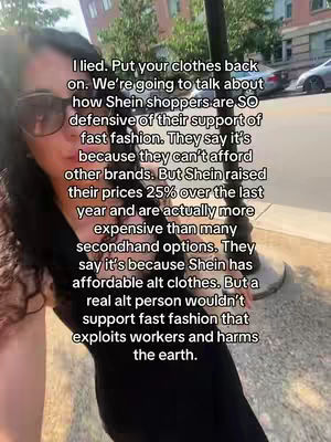 A woman with sunglasses stands outside, text overlayed on the image discusses Shein shoppers and fast fashion. Background hints at a city environment with trees and buildings.