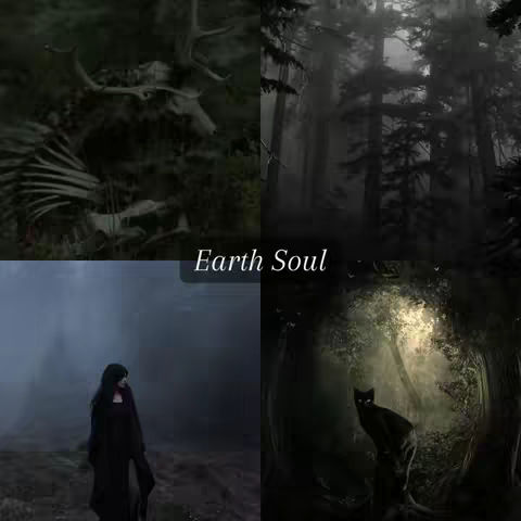 A collage of four dark, mystical scenes. The upper left shows an animal skull in a forest. The upper right is a foggy forest. The lower left shows a woman in a black dress walking in a misty forest. The lower right features a black cat in a forest clearing.