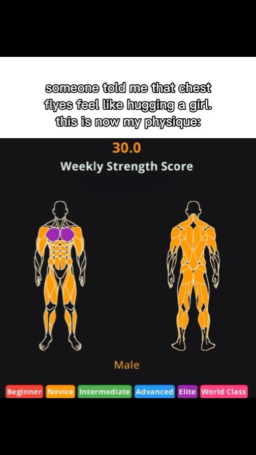 The image is a screenshot of a fitness app displaying a male physique graphic, with muscle highlighted against a dark background. The body visuals are adjacent. Text overlays explain the workout in funny terms.