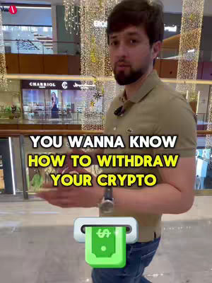 A man in a green polo shirt stands in what appears to be a mall, arms extended. He's looking forward with a serious expression. Overlay text in yellow lettering with a black outline is placed on top of the image, below a graphic of an ATM machine with a green bill coming out.