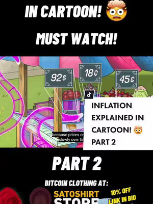 The cover image features a cartoon scene depicting a marketplace or fairground setting, with signs displaying prices and animated characters. Above the scene, large white text announces 'IN CARTOON! MUST WATCH!' and the text 'INFLATION EXPLAINED IN CARTOON! PART 2.' is also prominent.