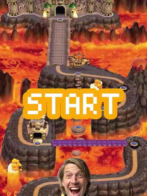 The image is a humorous mashup of Super Mario World and a man's face expressing surprised enthusiasm. The background is a rendered lava-filled landscape which has a game-like rendered path. The word “START” is overlaid in a yellow rounded box with white text. The man's face is positioned at the bottom, conveying excitement or shock, as a video game character might.