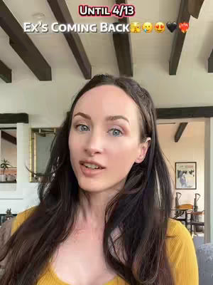 A woman with long brown hair and blue eyes looks directly at the camera. Overhead, text overlays state, 'UNTIL 4/13' and 'EX'S COMING BACK' with emojis. The setting appears to be an interior space with wooden beams and a glimpse of a hallway and artwork in the background.