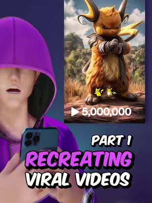 The cover image is vertically oriented and features a person holding a phone, with a video preview and text overlays. On the left, a person wearing a purple hoodie is visible, their face partially obscured. The right side showcases what seems to be a video or image with an animated Pokemon-like character. The text overlay 'PART 1' and 'RECREATING VIRAL VIDEOS' are prominently displayed. The color scheme is dominated by purples, blues, and a fiery orange, with some white text.