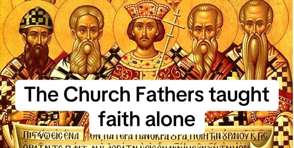 The cover image features a stylized illustration of five religious figures depicted with halos, likely representing saints, prophets, or church fathers. They are arranged in a horizontal row, with a central figure holding a cross. The figures are adorned in ornate robes and headdresses, the background is a radiant golden hue. A white rectangular overlay with the text 'The Church Fathers taught faith alone' is on the bottom half of the image.