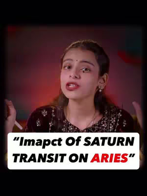 A medium shot of a young woman with dark hair and a bindi. She is speaking, with a text overlay at the bottom that says "Impact Of SATURN TRANSIT ON ARIES" in white text on a black and white box.