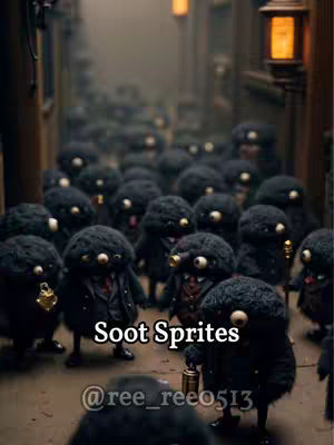Image shows a group of black, fluffy creatures resembling Soot Sprites from a Studio Ghibli film, styled as mafia members. They are in a dimly lit alley, some wearing tailored suits with accessories like monocles and pocket watches. The title, "Soot Sprites," is overlaid on the image, along with a creator's username.