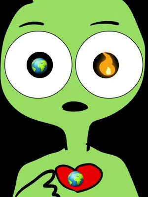 A green cartoon figure with large eyes, one eye with a world graphic and the other with a flame. A red heart with a world graphic is on the chest. Black background. Cartoon style.