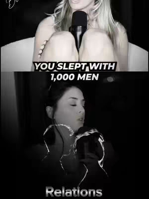 The cover image is a split screen in black and white. The top half shows a woman with blonde hair speaking into a microphone. A text overlay says, "YOU SLEPT WITH 1,000 MEN". The lower half shows a different woman with closed eyes and a headset with a stylized necklace or choker. "Relations" is written at the bottom.