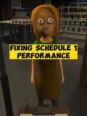 A stylized, animated figure stands in what appears to be a 3D-rendered kitchen or restaurant setting. The figure has a light-colored, rounded head with large oval eyes and simple features. It wears a green top and a brown apron-like garment. A bright yellow banner across the figure's chest displays the text 'FIXING SCHEDULE 1 PERFORMANCE' in bold, dark text. The background includes shelves, tables, and what looks like cooking equipment, all rendered with simple textures and dull colors.