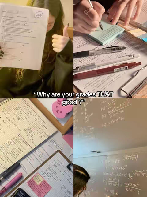 A split image showing a person holding a test paper with a 100 score, and various study materials like notebooks, pens, and a pink sticky note. The text overlayed asks why the grades are so good.