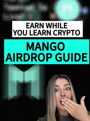 The cover image is a vertical shot, featuring a woman as the primary subject. She is positioned in the lower right of the frame, with her face taking center stage. Her expression is one of surprise as she is covering her mouth with her hand. Above her head is a block of turquoise color text that reads 'MANGO AIRDROP GUIDE', which rests above another text block that says 'EARN WHILE YOU LEARN CRYPTO', written in white. The background is black, with an out-of-focus logo repeating the letter M.