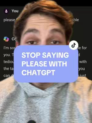 A selfie-style video cover image featuring a Caucasian man with brown hair. A light blue oval-shaped text overlay obscures his mouth, with text reading "STOP SAYING PLEASE WITH CHATGPT" in white, bold, sans-serif font. The man's eyes are visible above the text box. The background appears to be a dark room, and there are some text and icons from a social media platform in the top left and right corners. The man is wearing a gray hoodie.