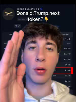A young man with short dark hair is in the foreground, holding up his open right hand towards the camera against the background of a dark screen displaying cryptocurrency data and a highlighted value of $7.68M. Text overlays on the screen include financial data, a coin logo, and the phrase 'Donald Trump next token?'.