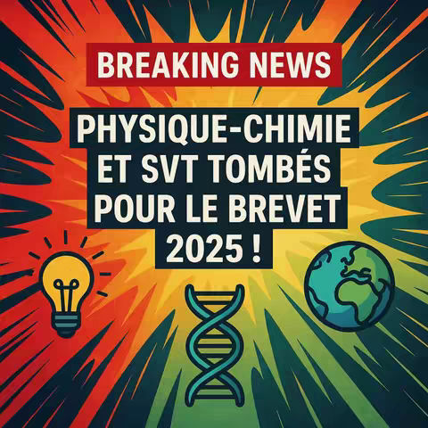 The image is a vibrant, stylized graphic with a dynamic layout. The background features radiating lines in shades of red, orange, yellow and green, creating a sense of energy and urgency. Superimposed on this are bold, white text elements, including 'BREAKING NEWS' in an upper banner and the main text 'PHYSIQUE-CHIMIE ET SVT TOMBÉS POUR LE BREVET 2025!'. Below the text are three distinct graphic elements. A light bulb with radiating lines, a double-helix DNA strand, and a simplified image of the globe with land masses in green. The overall composition is eye-catching, using a combination of text and symbols to convey the importance of the content.