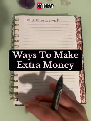 A notebook is open on a table, with the text 'Ways To Make Extra Money' overlaid in a black box. A hand holding a pen is in the frame. The background suggests a light green surface.