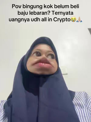 The image shows a person with a distorted face due to a funny filter, wearing a hijab. Text overlays the image with a question and statement referencing cryptocurrency.
