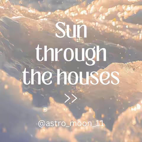 An abstract, shimmering image with water-like textures and light, overlaid with white text in a modern font. The top portion resembles flowing water with golden highlights. The text, prominently displayed, reads 'Sun through the houses' in a clean, easy-to-read font with the creator's name in a smaller font below, and two arrows.